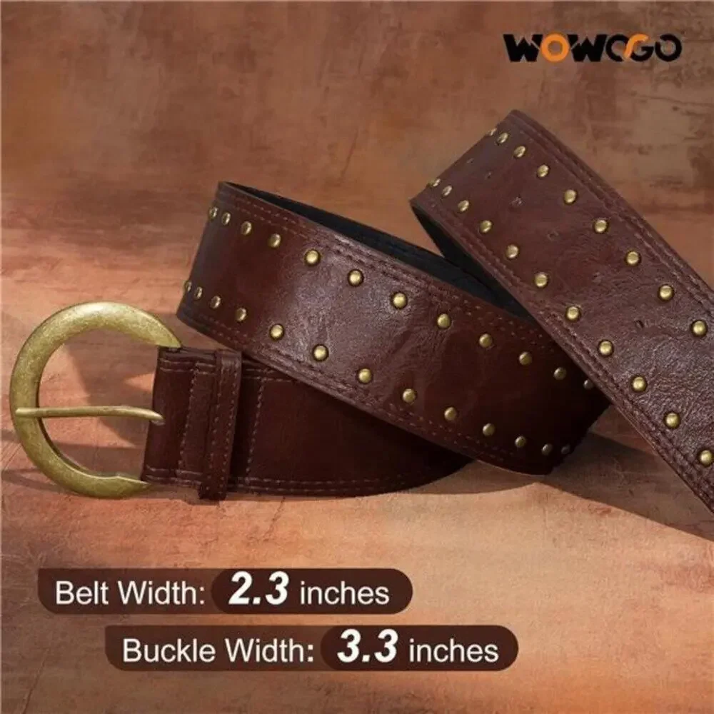 Wide Chunky Studded Brown Leather Vintage Style Waist Belt with Brass Buckle